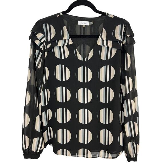 CALVIN KLEIN Geometric Dots Lined  layered long sleeve blouse relaxed fit - Picture 1 of 11